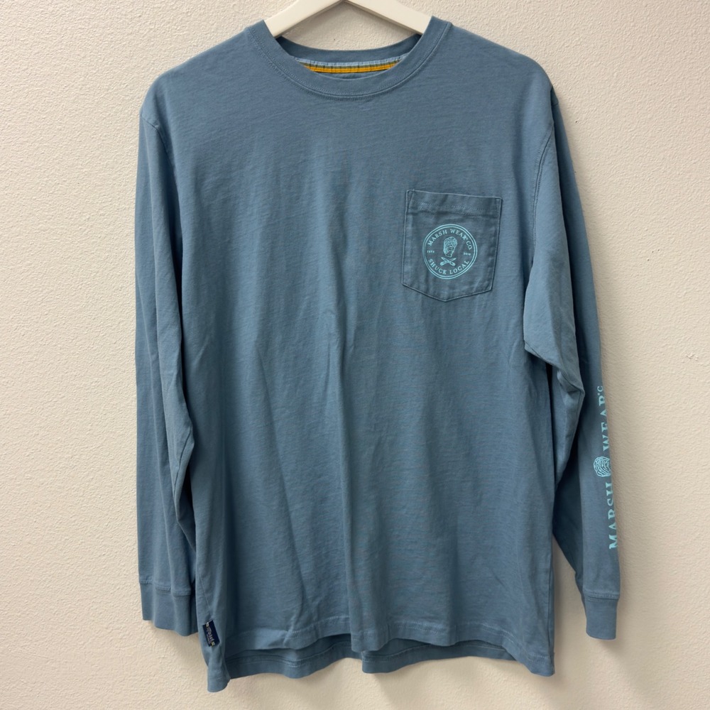 Marsh Wear Co Long Sleeve T-Shirt Mens Medium Blue Shuck Local Pocket